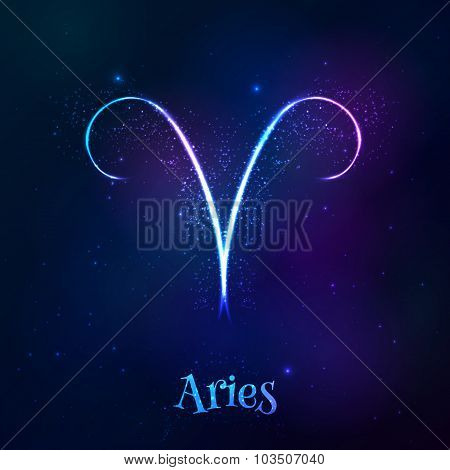 Blue shining cosmic neon zodiac Aries symbol