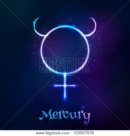 Shining blue neon zodiac Mercury symbol