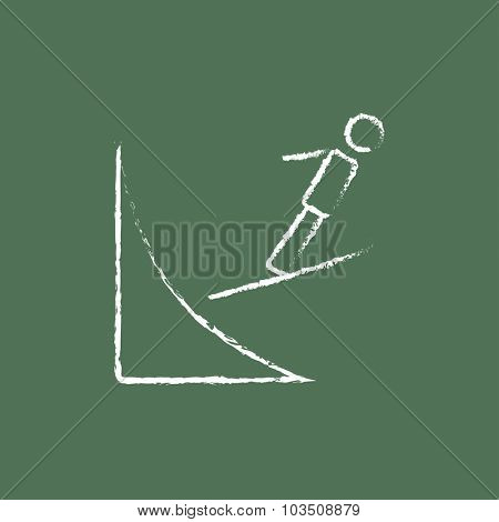 Ski jumping hand drawn in chalk on a blackboard vector white icon isolated on a green background.