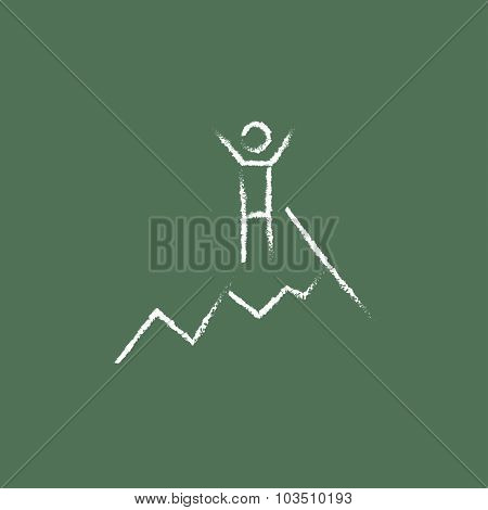 Climbing hand drawn in chalk on a blackboard vector white icon isolated on a green background.