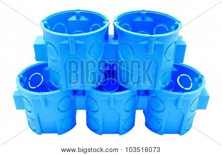 Stack Of Blue Electrical Boxes On White Background