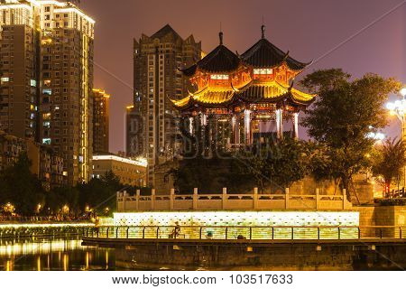 Night View Of Hejiang Pavilion In Chengdu