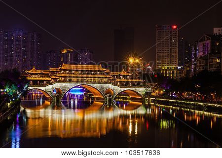 Night View Of Anshun Bridge In Chengdu