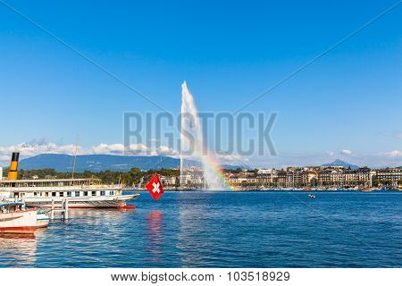 Water Jet Fountain With Rainbow In Geneva