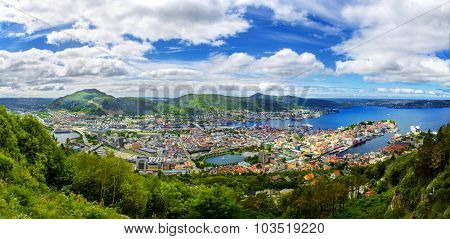Panoramic view on Bergen and harbor from the mountain Floyen top