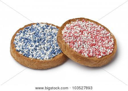 'Beschuit met muisjes, a traditional treat to celebrate the birth of a child in The Netherlands. Pink  sprinkles for a girl, blue for a boy
