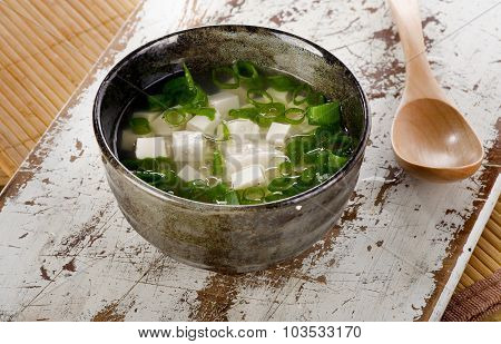 Japanese Miso Soup On Wooden Table.