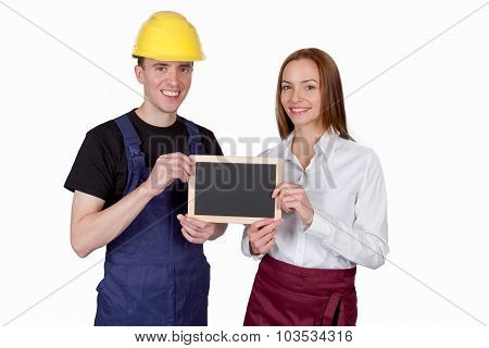 Craftsman and waitress with blackboard isolated on white