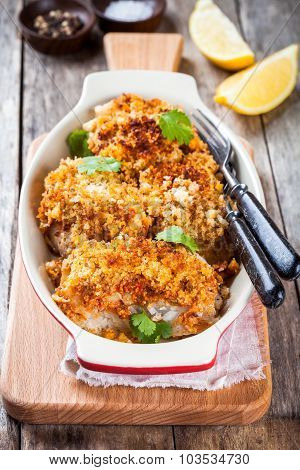 Baked Cod Fish In Breadcrumbs In Gratin Dish