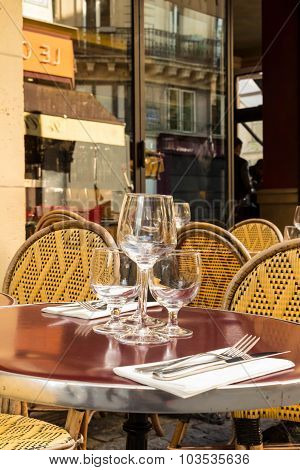 Table With Three Gobelets In French Restaurant.