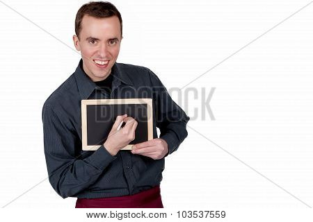 Man writing on blackboard isolated on white