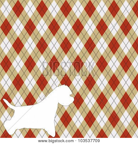 white outline of the dog on a plaid background