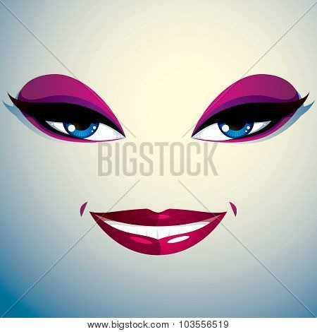 Facial Expression Of Young Pretty Woman. Coquette Lady Visage, Human Eyes And Lips.