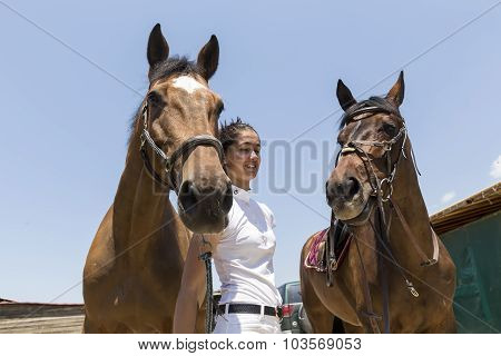 Thessloniki Greece June 14 2015: The ridder and horses before the riding competition with obstacles.