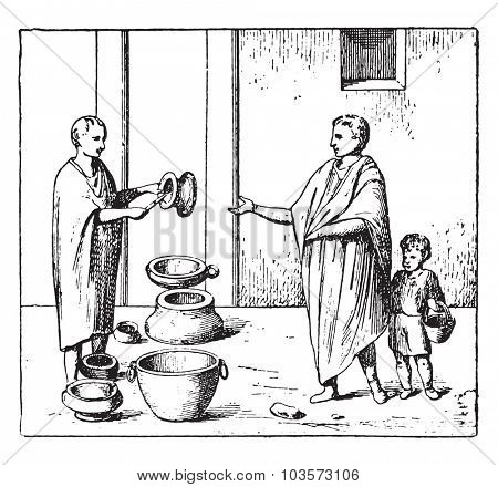 Merchant of pottery, vintage engraved illustration.