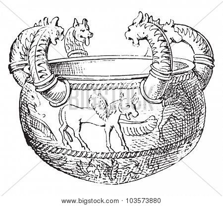 Etruscan vases in bronze, vintage engraved illustration.