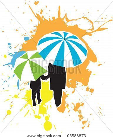 Adult And Child Under Umbrellas