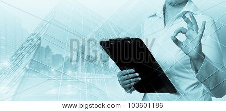 Business woman. The concept of business success. Double exposure.