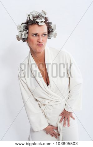 Woman In Bath Robe Posing With Pursed Lips