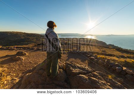 Setting Sun On Titicaca Lake, Amantani' Island, Peru
