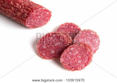 Sliced sausage isolated on white background