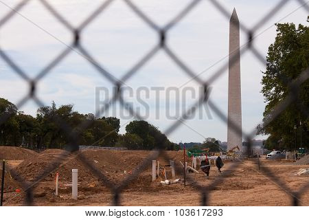 WASHINGTON DC, USA -  SEP 24 2015 : Mall Turf Restoration pauses during the Pope's historic visit.