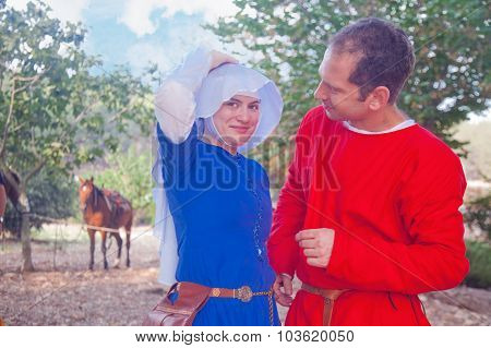Young Couple Costumed As Medieval People