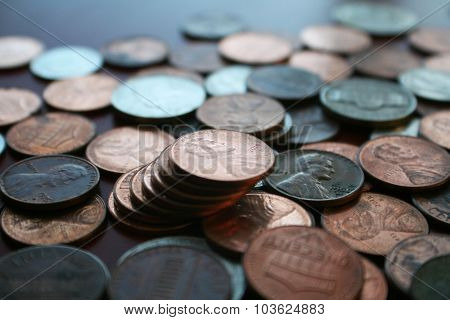 Pennies close up stock photo high quality