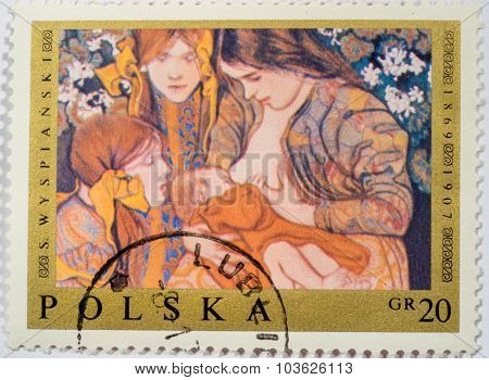 Moscow, Russia - October 3, 2015: A Stamp Printed In Poland Shows Polish Painting Motherhood, By Mot
