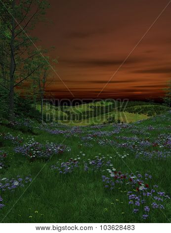Blooming lawn with greenery and flowers at night