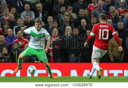 MANCHESTER, ENGLAND - SEPTEMBER 30, 2015: Champions League match between Manchester United and Vfl Wolfsburg at Old Trafford Stadium on September 30, 2015