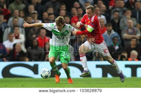 MANCHESTER, ENGLAND - SEPTEMBER 30, 2015: Champions League match between Manchester United and Vfl Wolfsburg at Old Trafford Stadium on September 30, 2015