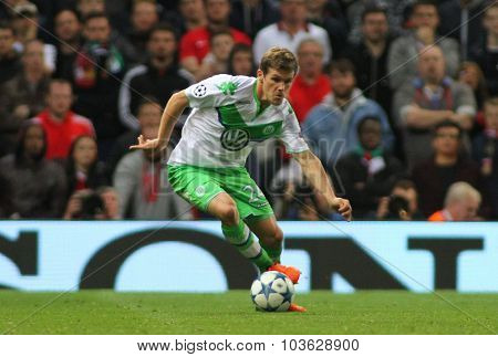 MANCHESTER, ENGLAND - SEPTEMBER 30, 2015: Champions League match between Manchester United and Vfl Wolfsburg at Old Trafford Stadium on September 30, 2015