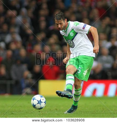 MANCHESTER, ENGLAND - SEPTEMBER 30, 2015: Champions League match between Manchester United and Vfl Wolfsburg at Old Trafford Stadium on September 30, 2015