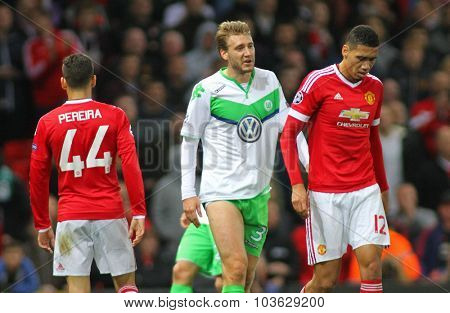 MANCHESTER, ENGLAND - SEPTEMBER 30, 2015: Champions League match between Manchester United and Vfl Wolfsburg at Old Trafford Stadium on September 30, 2015