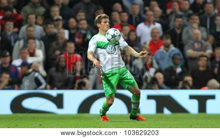 MANCHESTER, ENGLAND - SEPTEMBER 30, 2015: Champions League match between Manchester United and Vfl Wolfsburg at Old Trafford Stadium on September 30, 2015