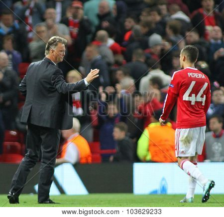 MANCHESTER, ENGLAND - SEPTEMBER 30, 2015: Champions League match between Manchester United and Vfl Wolfsburg at Old Trafford Stadium on September 30, 2015