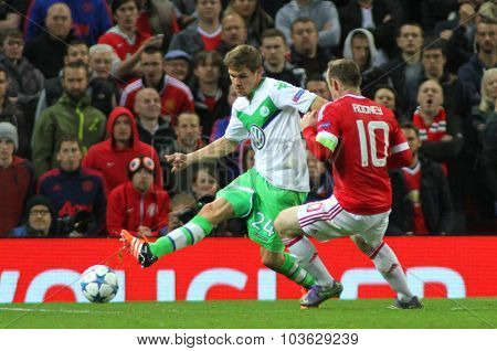 MANCHESTER, ENGLAND - SEPTEMBER 30, 2015: Champions League match between Manchester United and Vfl Wolfsburg at Old Trafford Stadium on September 30, 2015