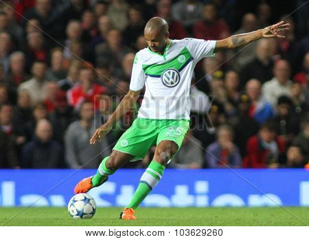 MANCHESTER, ENGLAND - SEPTEMBER 30, 2015: Champions League match between Manchester United and Vfl Wolfsburg at Old Trafford Stadium on September 30, 2015