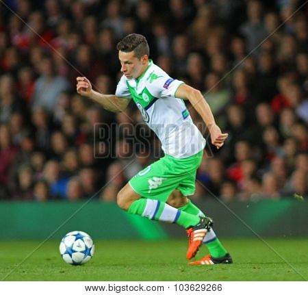 MANCHESTER, ENGLAND - SEPTEMBER 30, 2015: Champions League match between Manchester United and Vfl Wolfsburg at Old Trafford Stadium on September 30, 2015