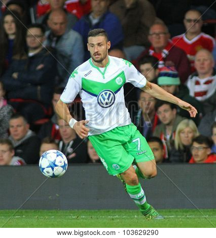 MANCHESTER, ENGLAND - SEPTEMBER 30, 2015: Champions League match between Manchester United and Vfl Wolfsburg at Old Trafford Stadium on September 30, 2015
