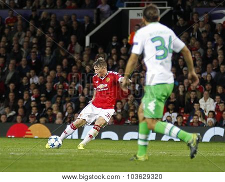 MANCHESTER, ENGLAND - SEPTEMBER 30, 2015: Champions League match between Manchester United and Vfl Wolfsburg at Old Trafford Stadium on September 30, 2015