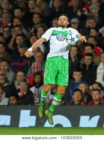 MANCHESTER, ENGLAND - SEPTEMBER 30, 2015: Champions League match between Manchester United and Vfl Wolfsburg at Old Trafford Stadium on September 30, 2015