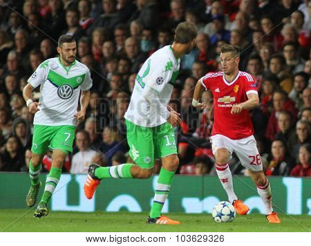 MANCHESTER, ENGLAND - SEPTEMBER 30, 2015: Champions League match between Manchester United and Vfl Wolfsburg at Old Trafford Stadium on September 30, 2015