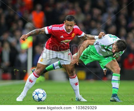 MANCHESTER, ENGLAND - SEPTEMBER 30, 2015: Champions League match between Manchester United and Vfl Wolfsburg at Old Trafford Stadium on September 30, 2015