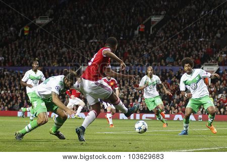 MANCHESTER, ENGLAND - SEPTEMBER 30, 2015: Champions League match between Manchester United and Vfl Wolfsburg at Old Trafford Stadium on September 30, 2015
