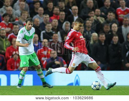 MANCHESTER, ENGLAND - SEPTEMBER 30, 2015: Champions League match between Manchester United and Vfl Wolfsburg at Old Trafford Stadium on September 30, 2015