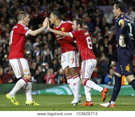 MANCHESTER, ENGLAND - SEPTEMBER 30, 2015: Champions League match between Manchester United and Vfl Wolfsburg at Old Trafford Stadium on September 30, 2015