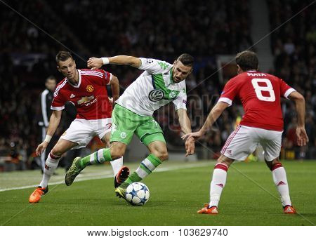 MANCHESTER, ENGLAND - SEPTEMBER 30, 2015: Champions League match between Manchester United and Vfl Wolfsburg at Old Trafford Stadium on September 30, 2015