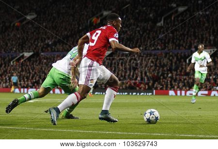 MANCHESTER, ENGLAND - SEPTEMBER 30, 2015: Champions League match between Manchester United and Vfl Wolfsburg at Old Trafford Stadium on September 30, 2015
